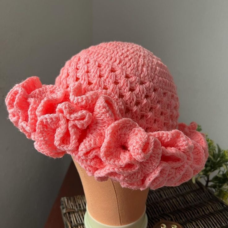 Crochet Ruffle Bucket Hat - Super Thick Ruffle pink